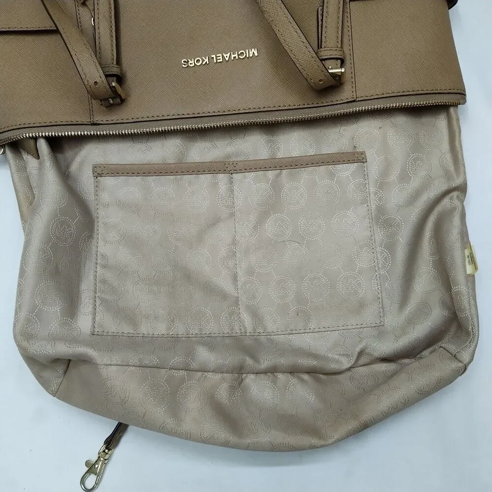 Michael Kors Jet Set Beige Leather Double Handles Zipper Tote Shoulder Bag - Picture 14 of 16